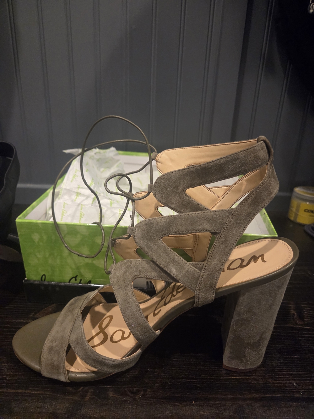 Suede Lace-Up Block Heel Sandals in Olive